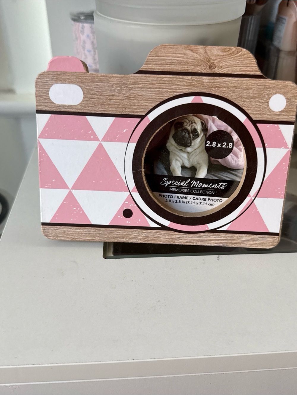 Camera-Shaped Photo Frame in Pink & Wood Grain